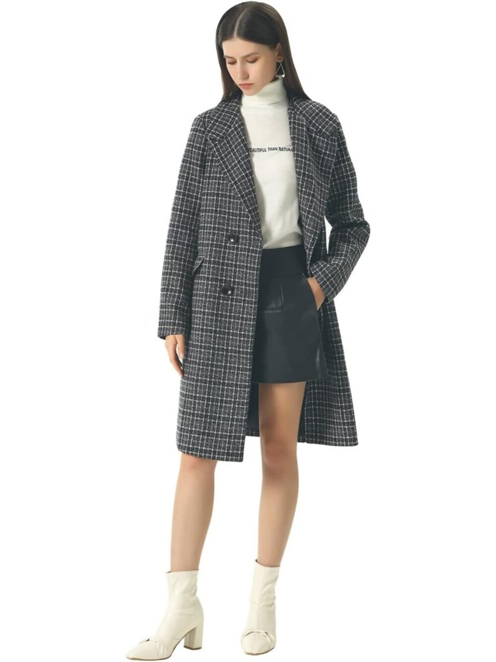 Women's Black Double Breasted Winter Oversize Lapel Collar Woolen Pea Coat